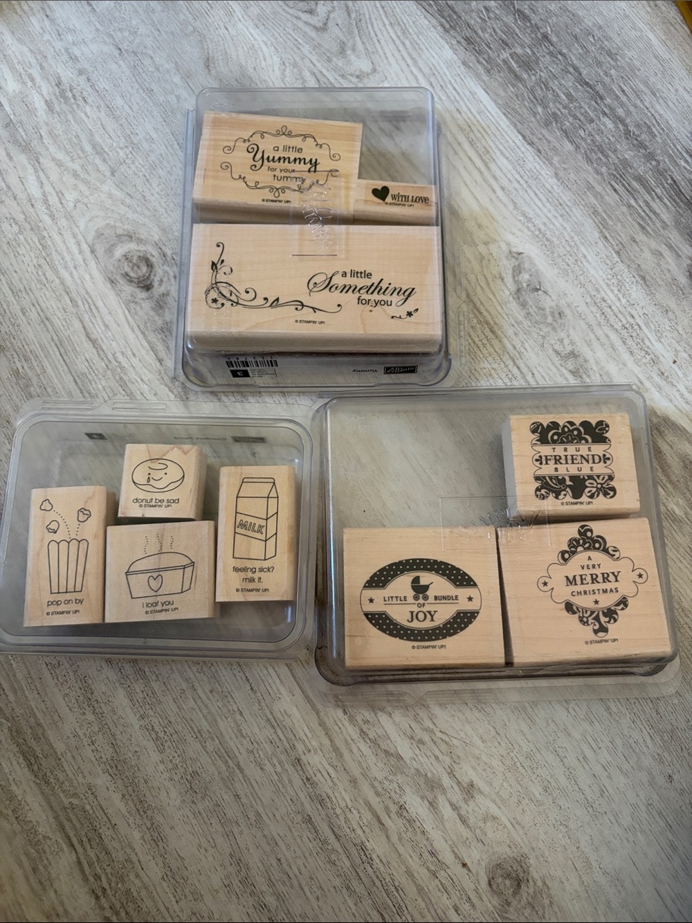3 Sets Wooden Rubber Stamp Sets - food, treat bags, special tags, cards, crafts